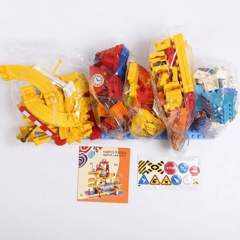 Jixin 156 Pc Car Slide Building Block Track Set Large Bricks 3 Mini Cars OpenBox